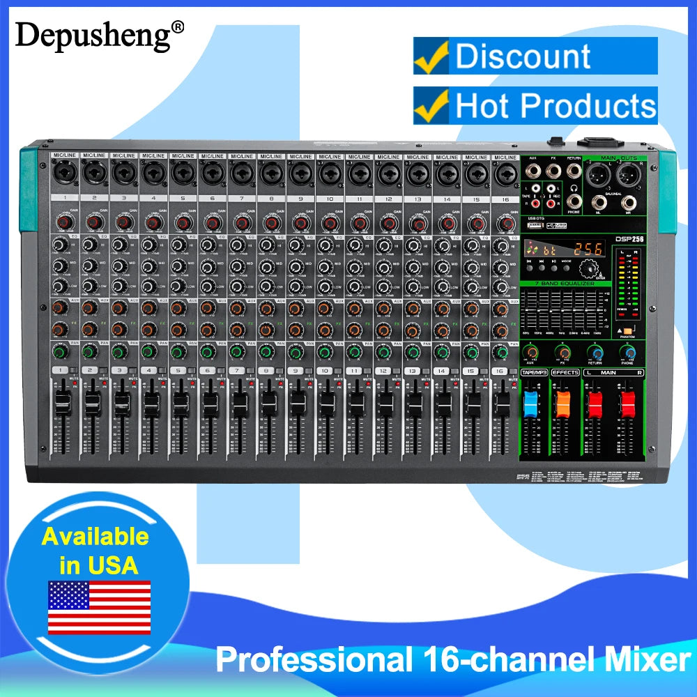 16-Channel Audio Mixer with USB, 48V Phantom Power & 256 DSP Effects for DJs and Live Sound