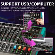 16-Channel Audio Mixer with USB, 48V Phantom Power & 256 DSP Effects for DJs and Live Sound